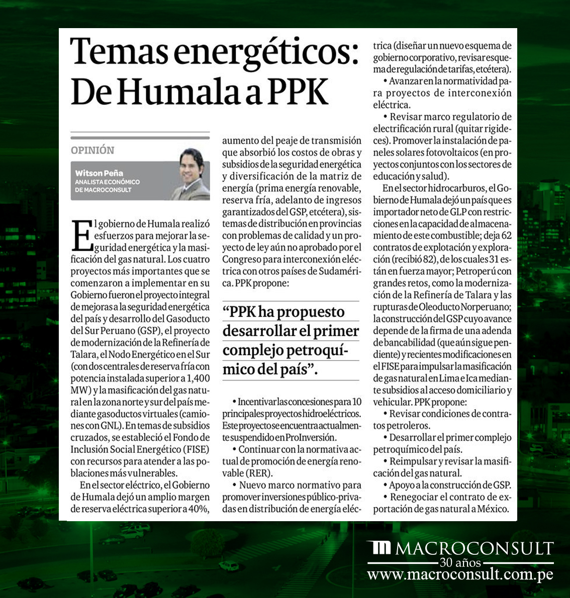 Witson Peña analiza la herencia de Humala y los retos que enfrenta PPK en materia energética