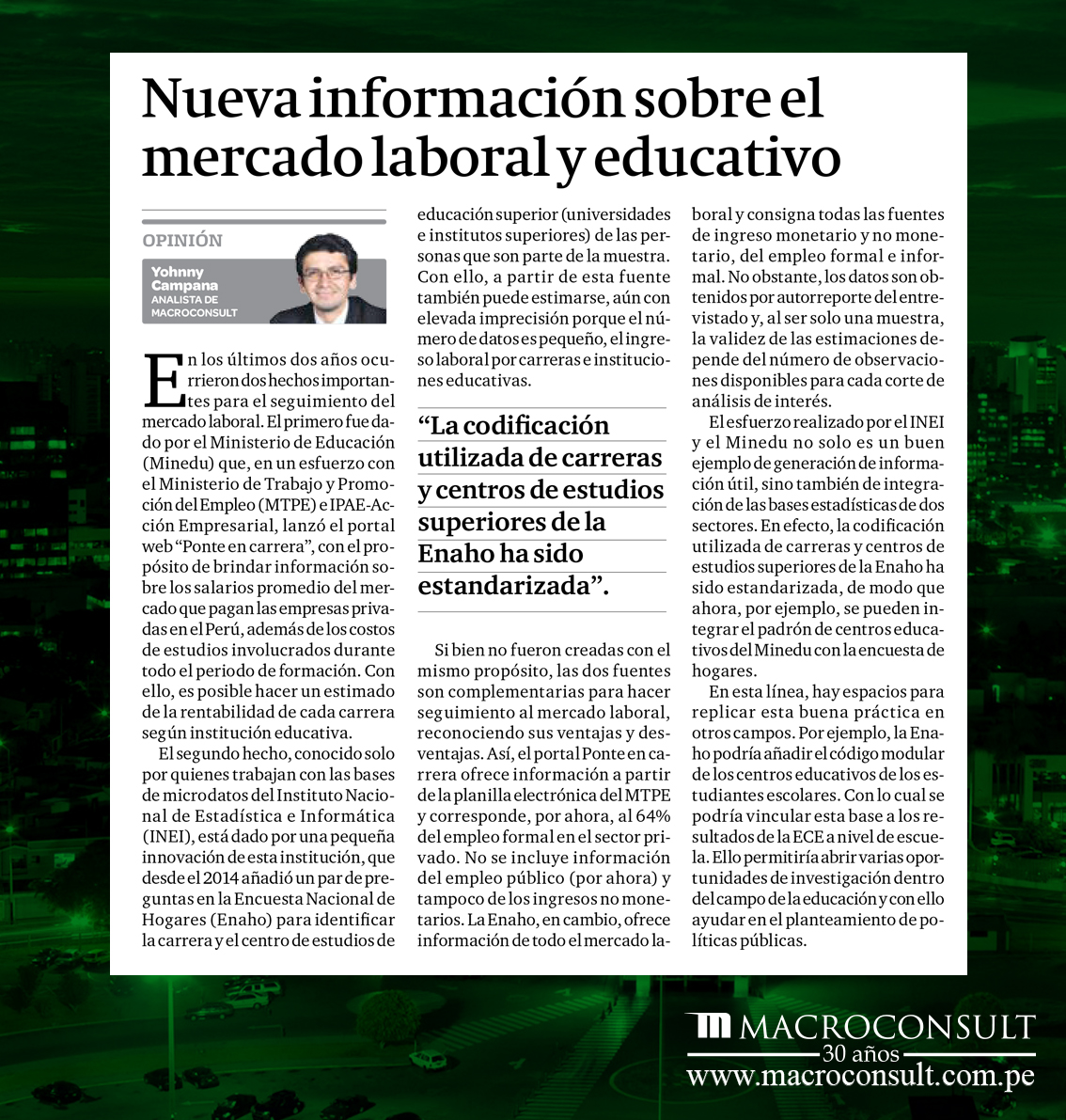 Yohnny Campana explica la nueva información generada sobre el mercado laboral y educación a través del Diario Gestión.
