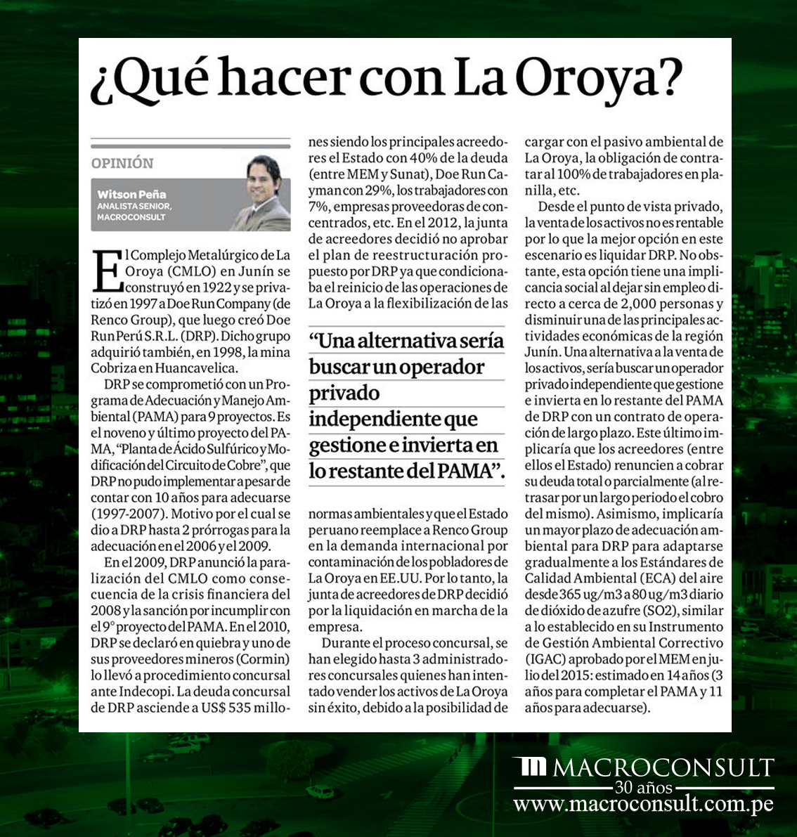 Witson Peña analiza qué hacer con los activos de La Oroya