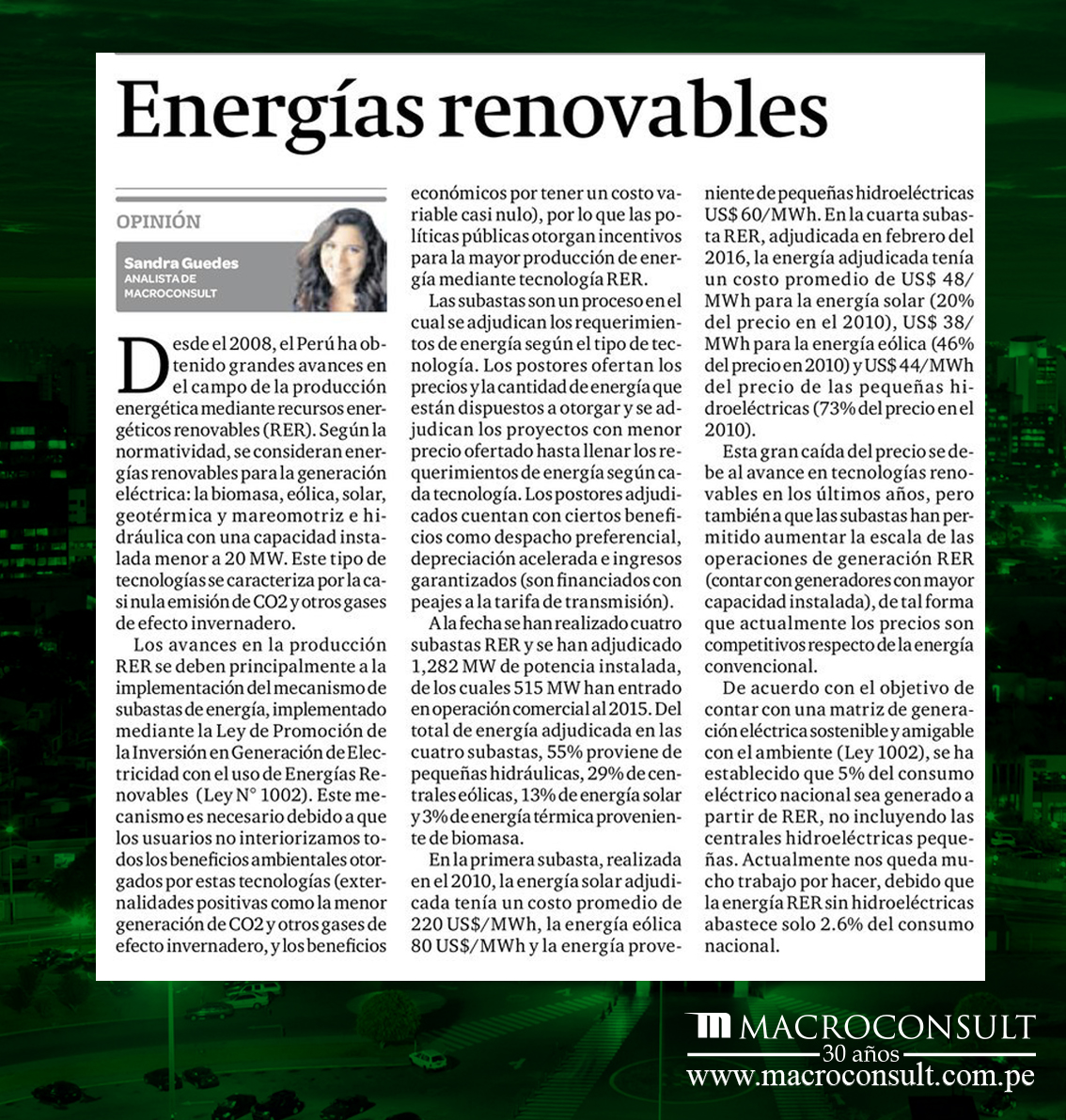 Sandra Guedes analiza la caída de precios de las energías renovables en las subastas RER