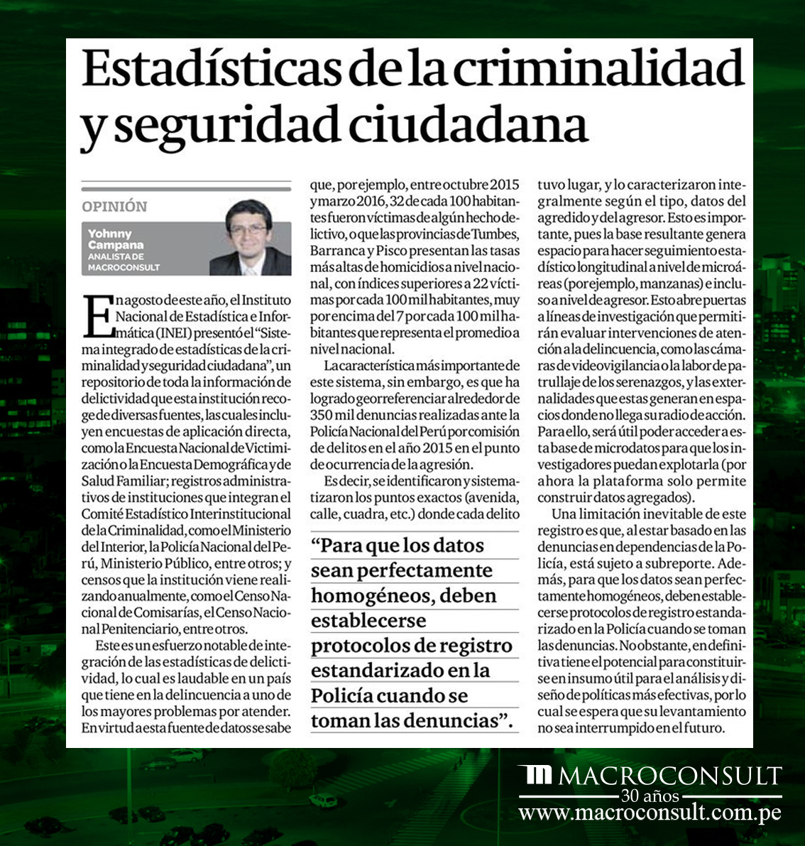 Yohnny Campana opina sobre el Sistema Integrado de Estadísticas de la Criminalidad y Seguridad Ciudadana