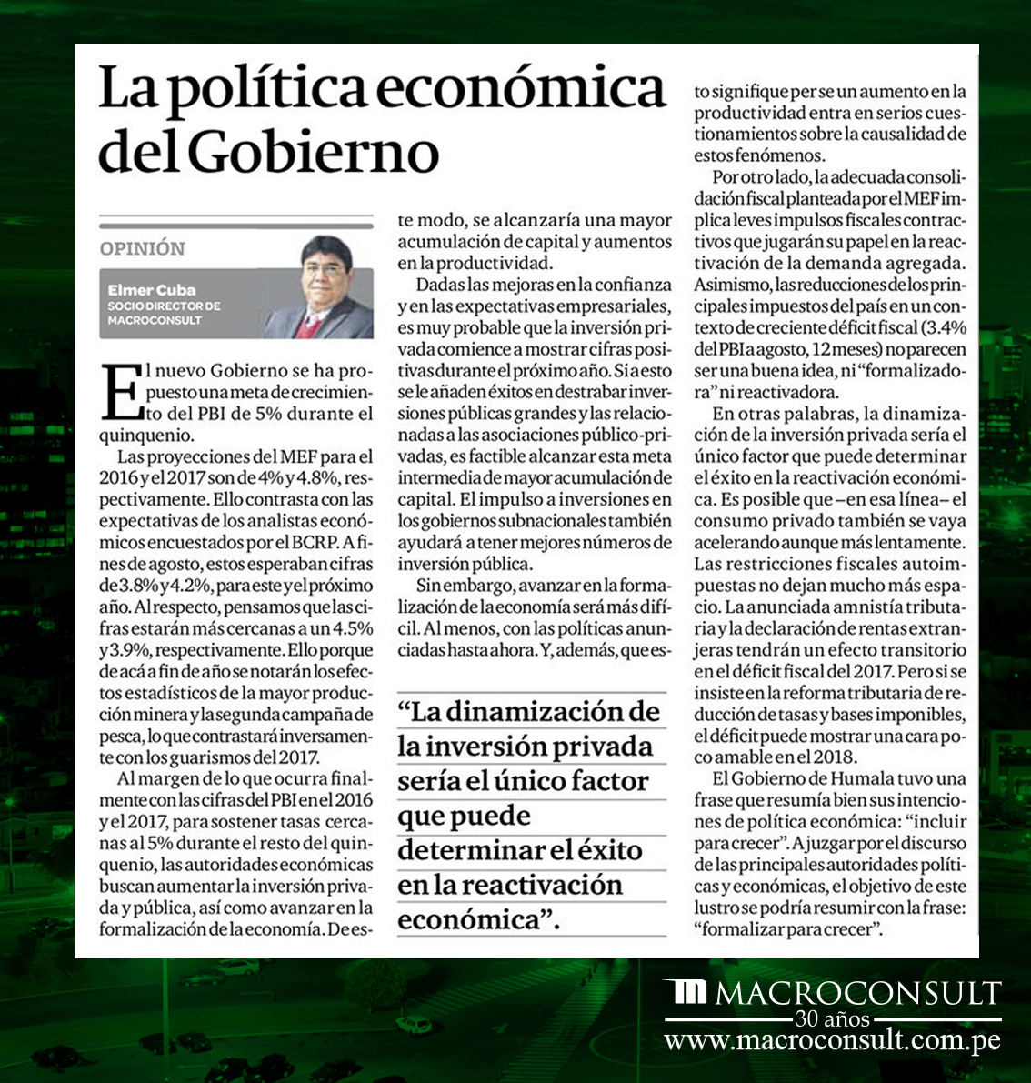 Elmer Cuba opina sobre la política económica del gobierno
