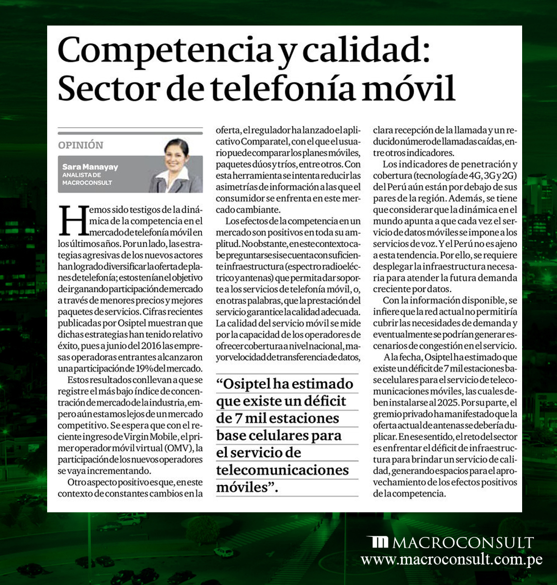Sara Manayay opina sobre la competencia y calidad del sector de telefonía móvil en el país