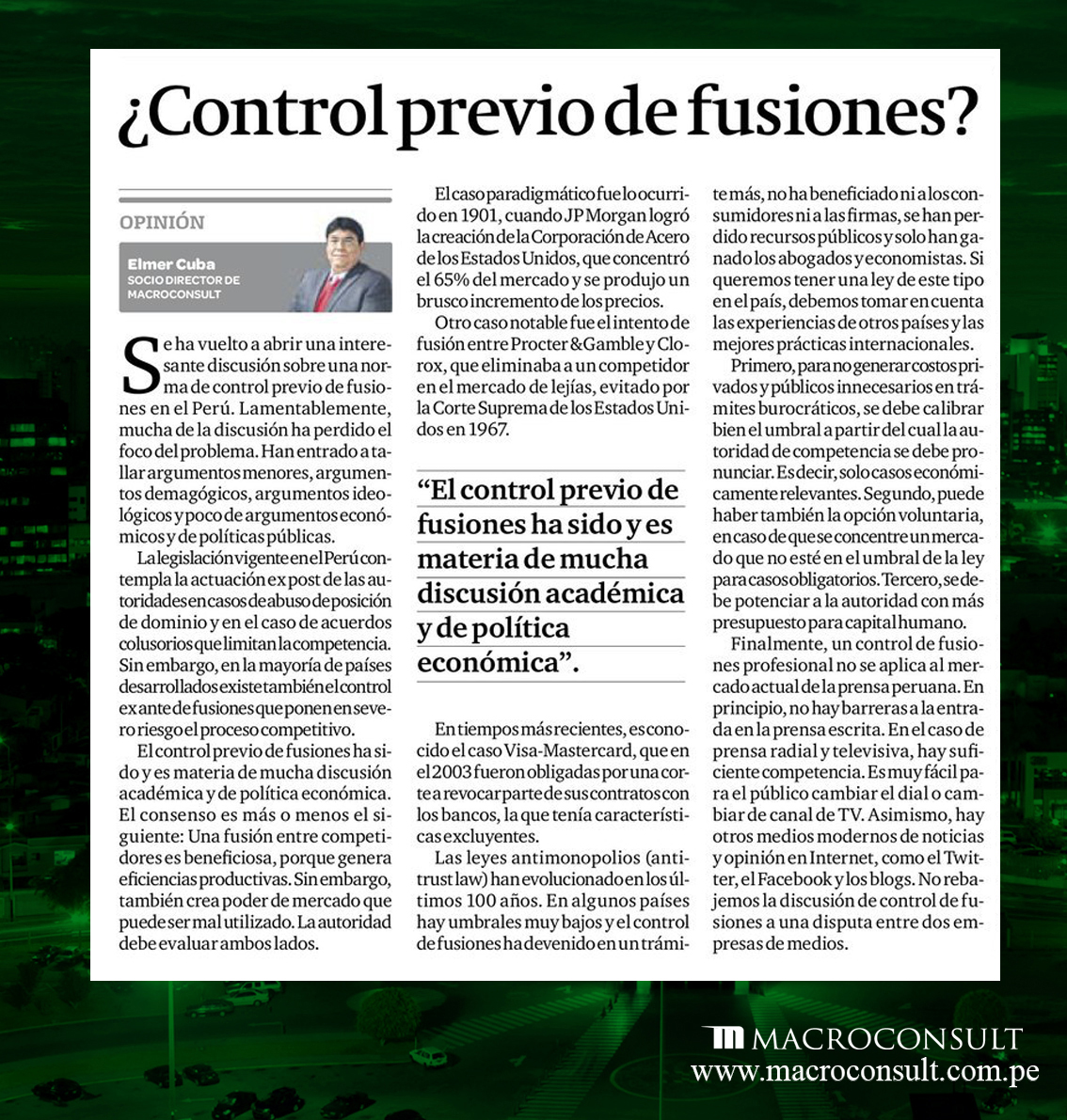 Elmer Cuba opina sobre el control previo de fusiones como materia de discusión académica  y de política económica