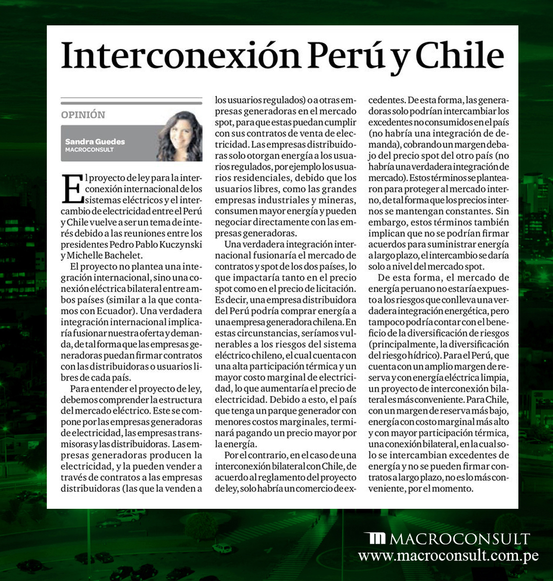Sandra Guedes analiza la interconexión eléctrica entre Perú y Chile