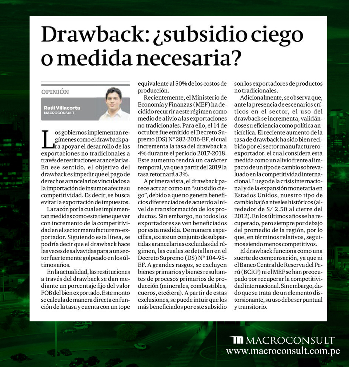 Raúl Villacorta analiza el nuevo aumento de la tasa de drawback y su impacto sobre las exportaciones no tradicionales