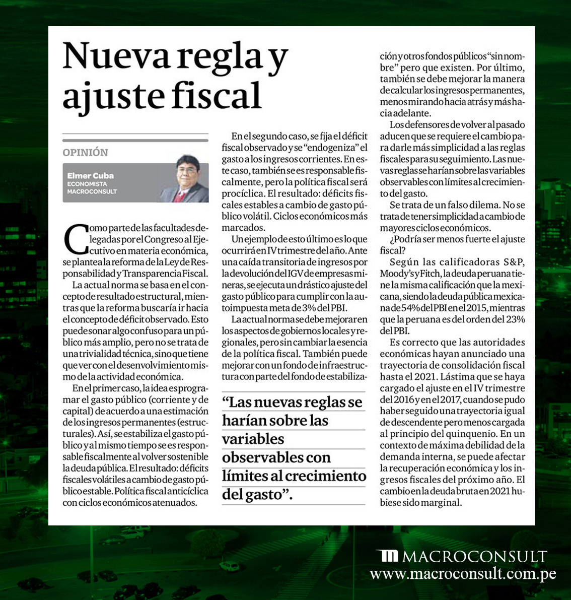 Elmer Cuba comenta sobre la nueva regla fiscal