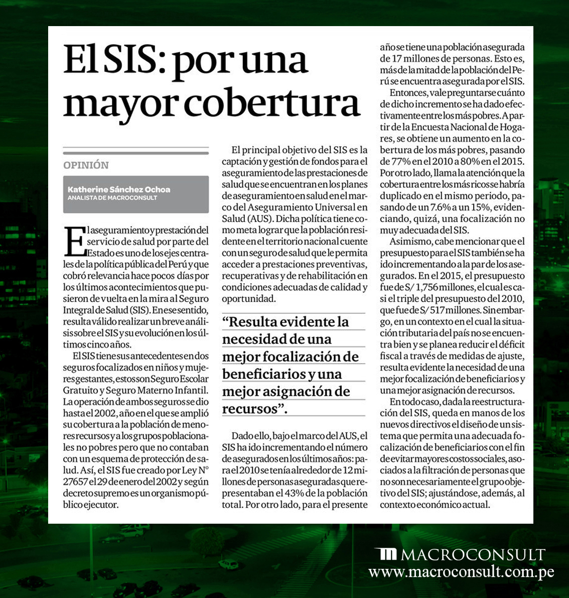 Katherine Sánchez opina acerca de la evolución de la cobertura del SIS en los últimos cinco años