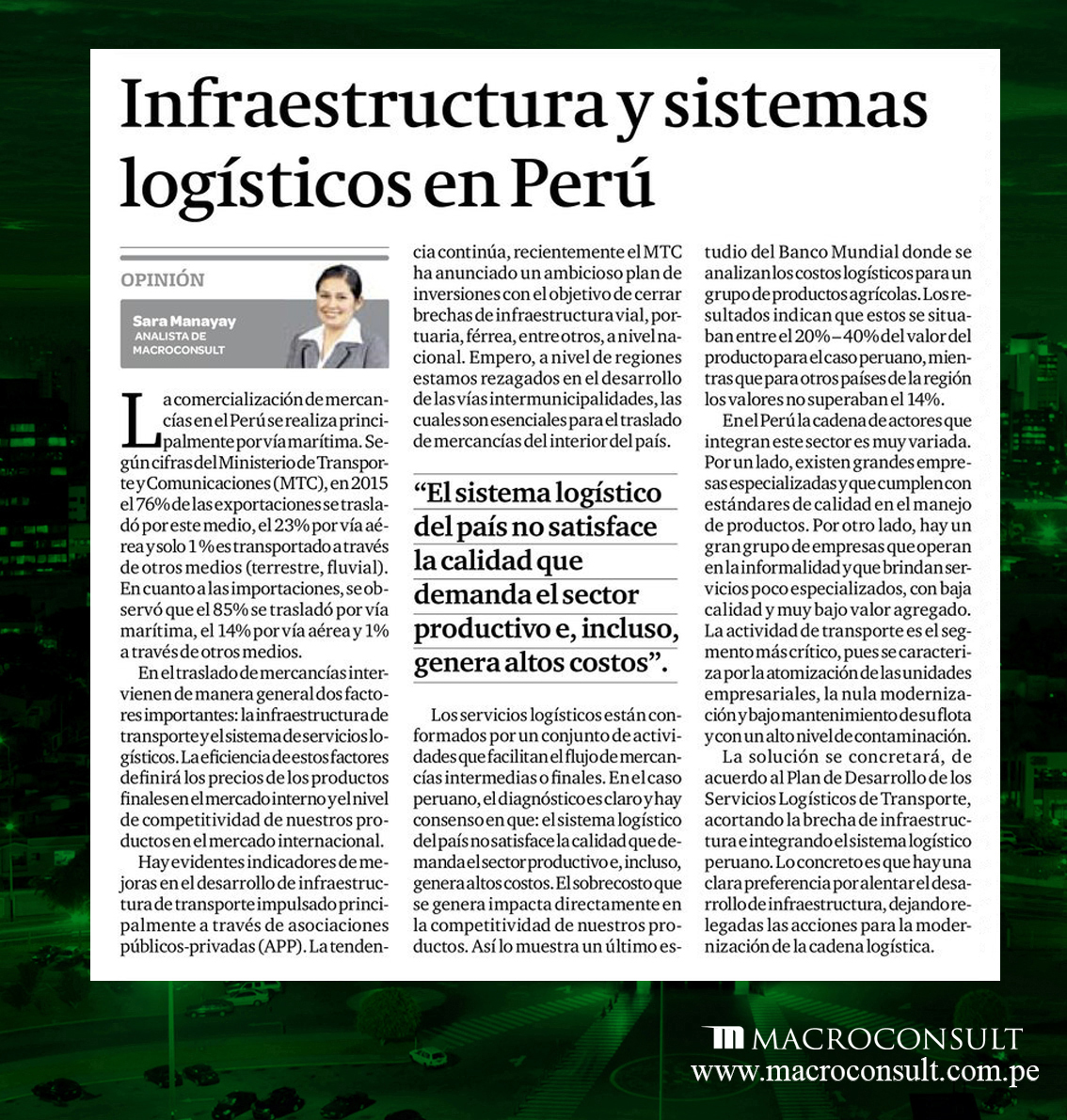 Sara Manayay analiza el desarrollo de infraestructura de transporte y del sistema logístico en el Perú